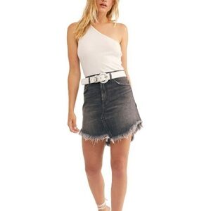 Free People Maverick washed black denim frayed edge mini skirt size 25 NWT